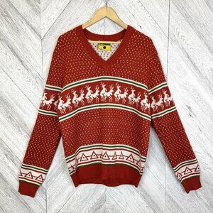 Tipsy Elves Naughty Reindeer Sweater Mens Large Red V-Neck Ugly Funny Fair Isle